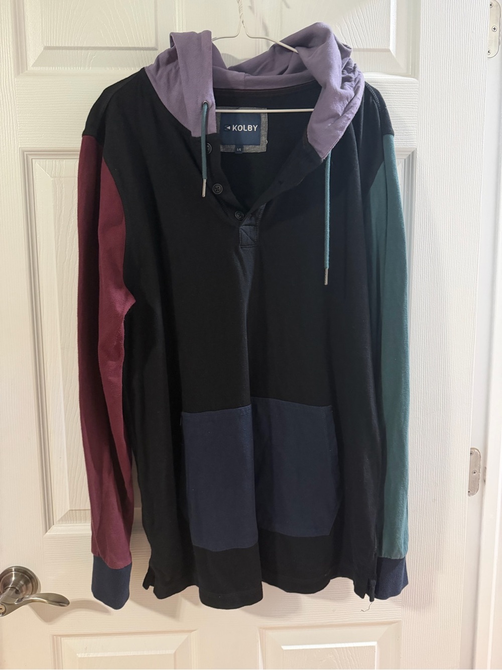 Men's Colorblock Hooded Sweater - Black with Plum, Teal & Navy Accents